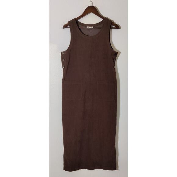 Vintage Talbots Brown Fall Pinafore Midi Dress Sz S Sleeveless Side Buttons Y2K - Picture 2 of 8